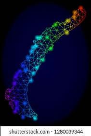 Bright rainbow mesh vector map of Novaya Zemlya Islands with glare effect. Abstract lines, triangles, glare spots forms map of Novaya Zemlya Islands on a dark background.