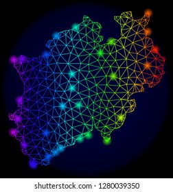 Bright rainbow mesh vector map of North Rhine-Westphalia State with glowing effect. Abstract lines, triangles, glare spots forms map of North Rhine-Westphalia State on a dark background.