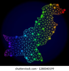 Bright rainbow mesh vector map of Pakistan with glare effect. Abstract lines, triangles, light spots forms map of Pakistan on a dark background.