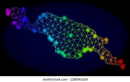 Bright rainbow mesh vector map of New Guinea Island with glare effect. Abstract lines, triangles, light spots forms map of New Guinea Island on a dark background.