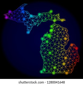 Bright rainbow mesh vector map of Michigan State with glare effect. Abstract lines, triangles, light spots forms map of Michigan State on a dark background.