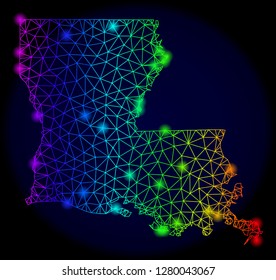 Bright rainbow mesh vector map of Louisiana State with glare effect. Abstract lines, triangles, light spots forms map of Louisiana State on a dark background.