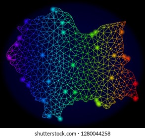 Bright rainbow mesh vector map of Lesser Poland Province with glare effect. Abstract lines, triangles, glare spots forms map of Lesser Poland Province on a dark background.