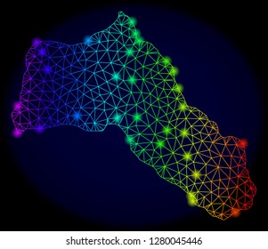 Bright rainbow mesh vector map of Kurdistan with glowing effect. Abstract lines, triangles, light spots forms map of Kurdistan on a dark background.