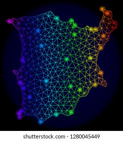 Bright rainbow mesh vector map of Koh Samui with glare effect. Abstract lines, triangles, light spots forms map of Koh Samui on a dark background.
