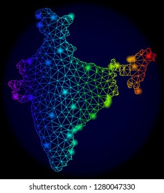 Bright rainbow mesh vector map of India with glowing effect. Abstract lines, triangles, light spots forms map of India on a dark background. Mesh and glowing elements are placed on different layers.
