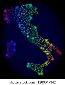 Bright rainbow mesh vector map of Italy with glare effect. Abstract lines, triangles, light spots forms map of Italy on a dark background. Mesh and glare elements are placed on different layers.