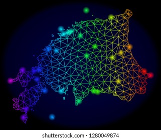 Bright rainbow mesh vector map of Estonia with glow effect. Abstract lines, triangles, glare spots forms map of Estonia on a dark background.