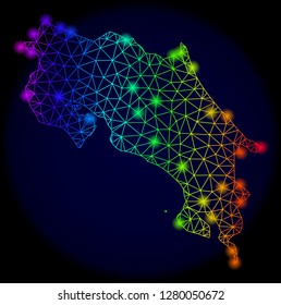 Bright rainbow mesh vector map of Costa Rica with glowing effect. Abstract lines, triangles, light spots forms map of Costa Rica on a dark background.