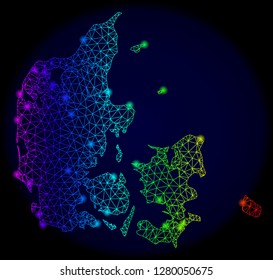 Bright rainbow mesh vector map of Denmark with glow effect. Abstract lines, triangles, glare spots forms map of Denmark on a dark background. Mesh and glare elements are placed on different layers.