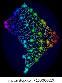 Bright rainbow mesh vector map of District Columbia with glow effect. Abstract lines, triangles, light spots forms map of District Columbia on a dark background.
