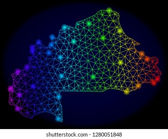 Bright rainbow mesh vector map of Burkina Faso with glowing effect. Abstract lines, triangles, light spots forms map of Burkina Faso on a dark background.