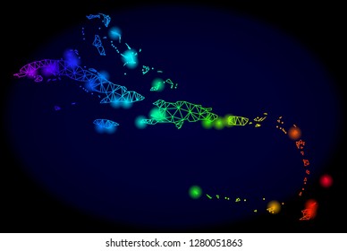 Bright rainbow mesh vector map of Caribbean Islands with glow effect. Abstract lines, triangles, light spots forms map of Caribbean Islands on a dark background.