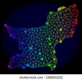 Bright rainbow mesh vector map of Balochistan Province with glare effect. Abstract lines, triangles, glare spots forms map of Balochistan Province on a dark background.