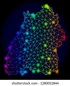 Bright rainbow mesh vector map of Baden-Wurttemberg State with glare effect. Abstract lines, triangles, light spots forms map of Baden-Wurttemberg State on a dark background.