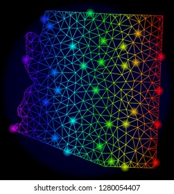 Bright rainbow mesh vector map of Arizona State with glare effect. Abstract lines, triangles, glare spots forms map of Arizona State on a dark background.
