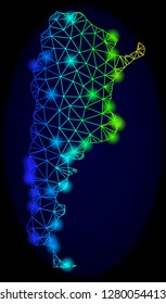 Bright rainbow mesh vector map of Argentina with glow effect. Abstract lines, triangles, light spots forms map of Argentina on a dark background.