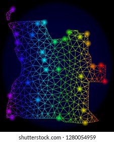 Bright rainbow mesh vector map of Angola with glare effect. Abstract lines, triangles, light spots forms map of Angola on a dark background. Mesh and glowing elements are placed on different layers.