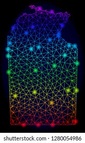 Bright rainbow mesh vector map of Australian Northern Territory with glowing effect. Abstract lines, triangles, light spots forms map of Australian Northern Territory on a dark background.