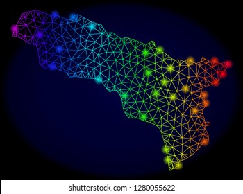 Bright rainbow mesh vector map of Abkhazia with glare effect. Abstract lines, triangles, glare spots forms map of Abkhazia on a dark background.