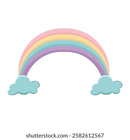 Bright rainbow on the clouds, children's illustration in soft natural shades on a white background. Vector.
