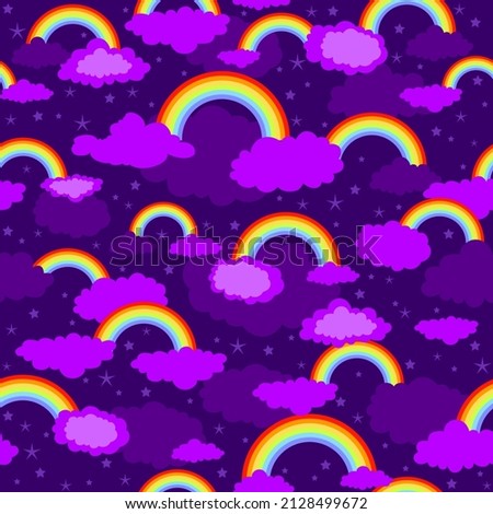 Bright rainbow on night sky seamless pattern. Very pery violet background for design card, banner, walpaper, fabrics and so on.