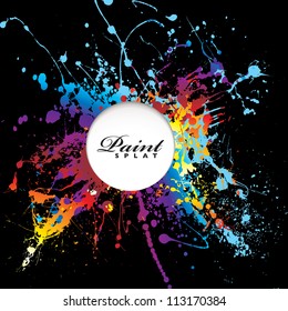 Bright rainbow paint splat with black background and white copy space