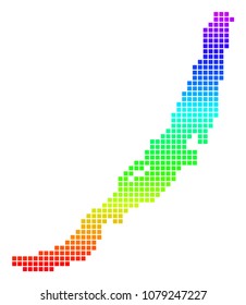 Bright Rainbow Pixel Baikal Lake Map. Vector geographic map in bright spectral colors with vertical gradient. Multicolored vector mosaic of Baikal Lake Map done of rounded square dots.