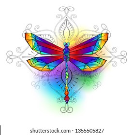 Bright, rainbow, polygonal dragonfly on white background, painted with watercolor.