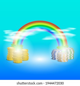 Bright rainbow poster. 3d stacks of gold coins and casino chips. Clouds and shadows