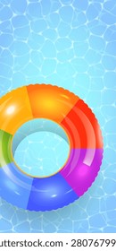 Bright rainbow ring floats in clear blue pool water. Sunlight dances across rippling surface. Perfect for summer vacation or leisure themes. Ideal for vacation, pool party, or beach holiday designs