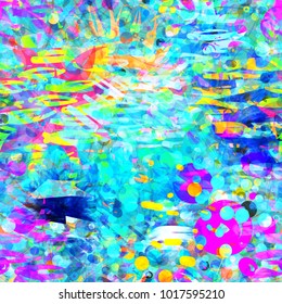 Bright rainbow seamless texture from strokes, circles, lines, spots. Watercolor effect Abstract vector background for web page, banners backdrop, fabric, home decor, wrapping