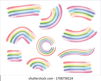 Bright rainbow shapes vector set. Hand paint vector elements. Watercolor doodle shapes of rainbow. Rainbow icon and pictogram collection.