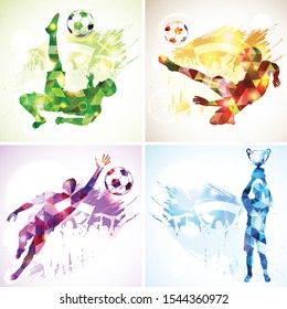 bright rainbow silhouette soccer football players, goalkeeper, champion with cup, fans on grunge background. modern poligonal pattern. vector illustration