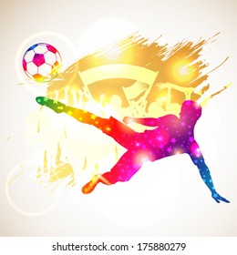Bright Rainbow Silhouette Soccer Player and Fans on grunge background, vector illustration