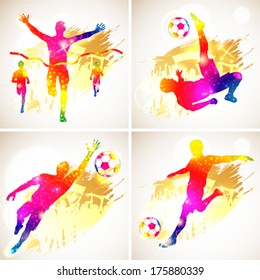 Bright Rainbow Silhouette Soccer Player and Winner Man with Fans on grunge background, vector illustration