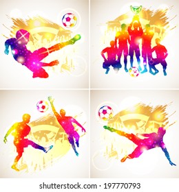 Bright Rainbow Silhouette Soccer Players, Goalkeeper, Team Champion with Cup, Fans on grunge background, vector illustration