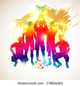 Bright Rainbow Silhouettes Soccer Players with Cup and Fans on grunge background, vector illustration