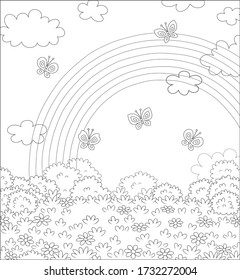 Heller Regenbogen am Himmel und fröhliche Schmetterlinge flitzen über ein Feld mit schönen Blumen an einem schönen Sommertag nach warmem Regen, schwarz-weiß Vektorgrafik Illustration