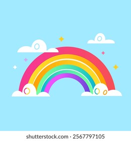 bright rainbow in the sky with clouds and clouds on a blue background. vector illustration isolated