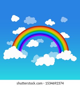 Bright rainbow with smooth transitions of color among the clouds in the blue sky. Simple flat vector illustration. Blue gradient background.
