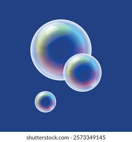 Bright rainbow soap bubbles isolated on blue background close up