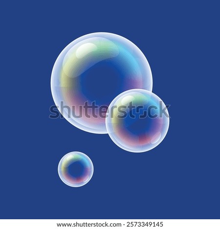 Bright rainbow soap bubbles isolated on blue background close up