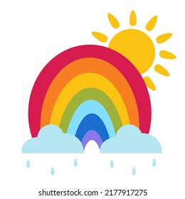 Bright rainbow with sun and clouds with rain