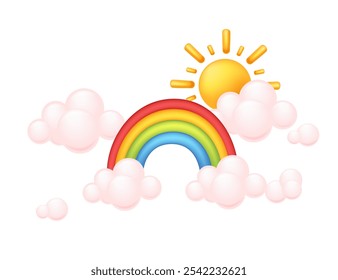 Bright rainbow and sun surrounded by light pink clouds, creating a cheerful and whimsical scene. Great for weather apps, children decor, or playful designs. Vector illustration.