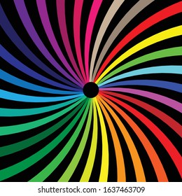 Bright rainbow swirl background. Rainbow rays of twisted spiral. Colorful vector illustration.