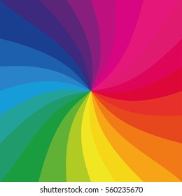 Bright rainbow swirl background. Rainbow rays of twisted spiral. Colorful vector illustration.