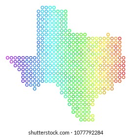 Bright Rainbow Texas Map. Vector geographic map in bright spectral color tints with horizontal gradient. Multicolored vector collage of Texas Map done of regular dots.