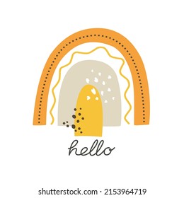 Arcoiris brillante con texto Hola en estilo escandinavo. Ilustración vectorial.