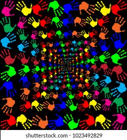 Bright rainbow vector illustration with multicolored handprints pattern on black background. Hand prints tunnel.